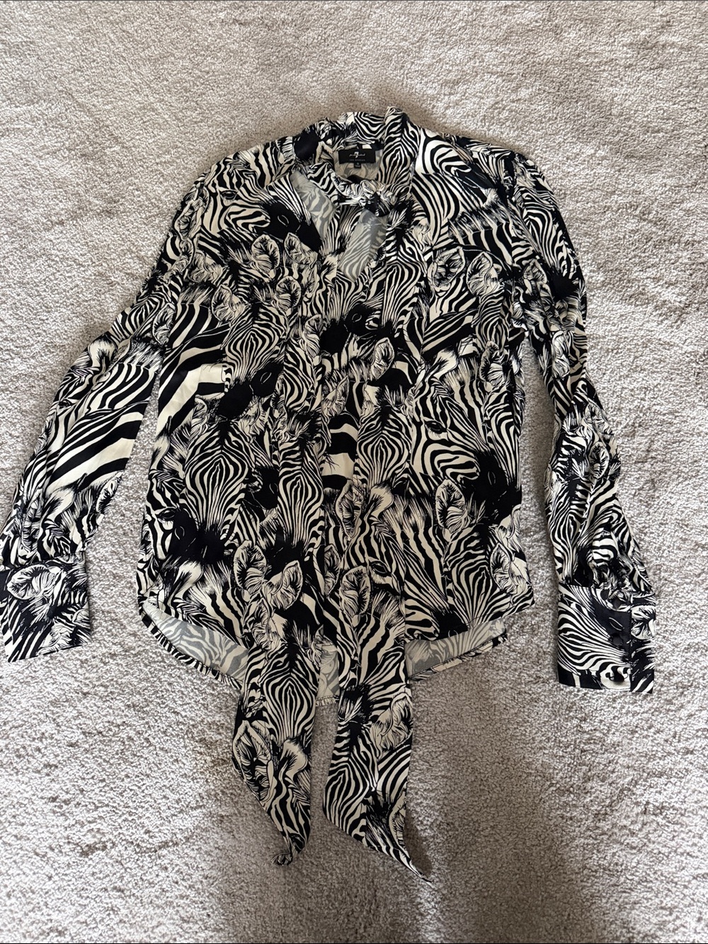 7 For All Mankind Black & White Zebra-Print Tie-Neck Blouse